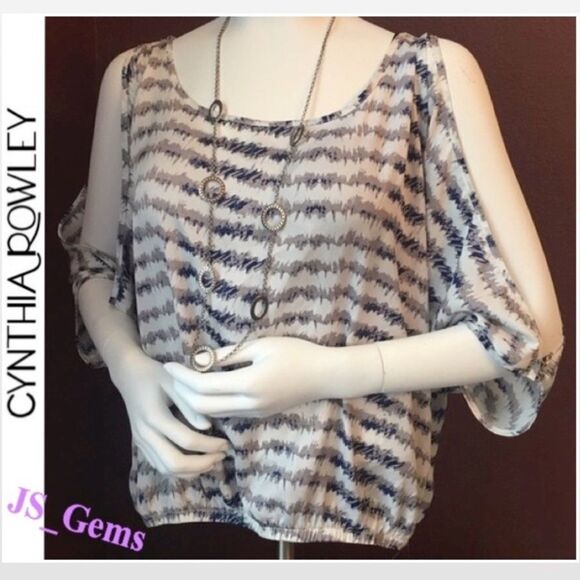 Cynthia Rowley Top Womens Medium Cold Shoulder Blue Striped White Blouse - Picture 1 of 16